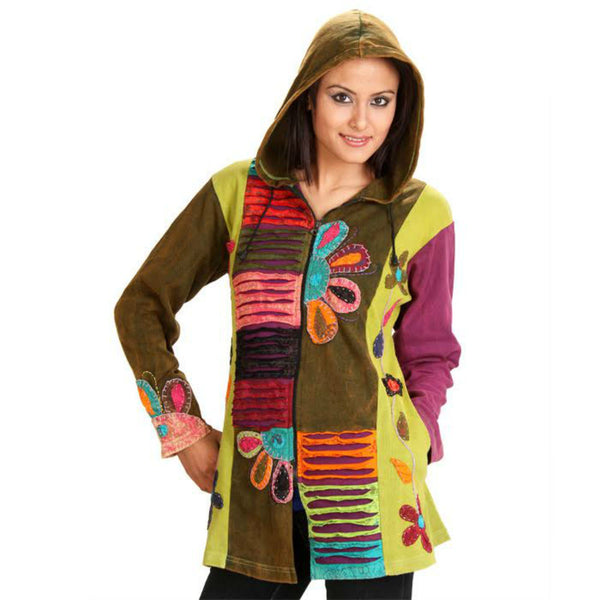 Long Bohemian Style Nepal Cotton Jacket with patches and flowers, XL …
