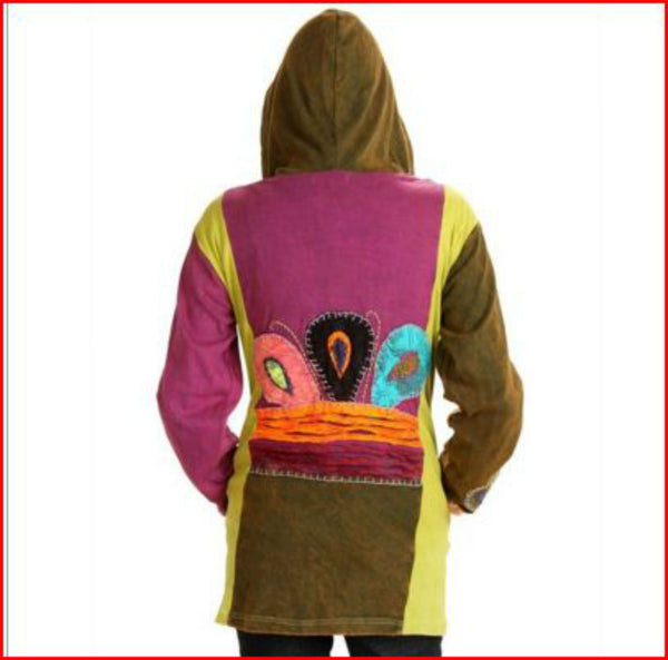 Long Bohemian Style Nepal Cotton Jacket with patches and flowers, XL …