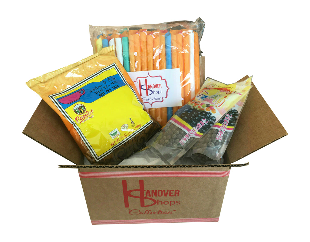 Hanover Shops Collection of Boba Tapioca Pearls for Bubble Tea Pantai Thai Tea Powder and Boba Jumbo Straws Gift Set